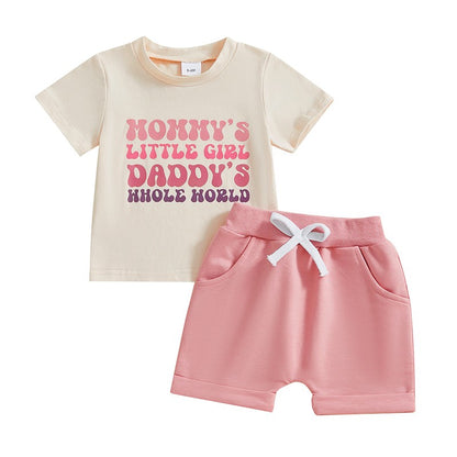 Adorable Infant Girl Casual Wear Set with Cute Printed Tee and Matching Solid Color Shorts for Summer Fun