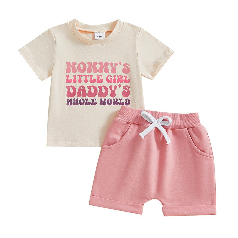 Adorable Infant Girl Casual Wear Set with Cute Printed Tee and Matching Solid Color Shorts for Summer Fun