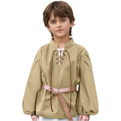 Boys Medieval Pirate Shirt Kids Renaissance Lace up Halloween Scottish Jacobite Ghillie Costume Tops Viking Colonial Costume Top