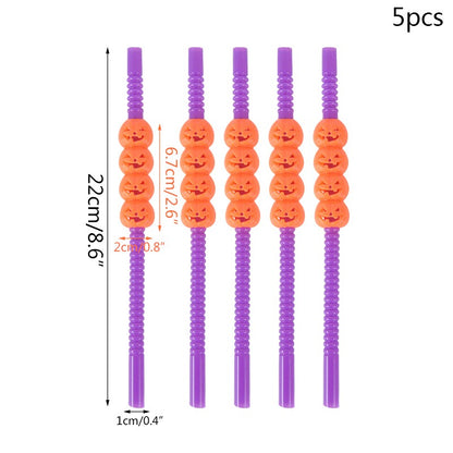 5Pcs Halloween Straws Reusable Plastic Pumpkin Skull Straw 2025 Halloween Bar Party Decoration Supplies Beverage Ornaments