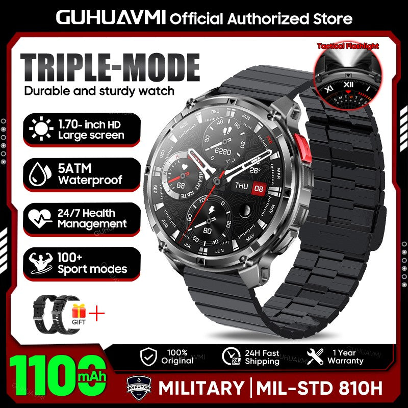 2026 New 1.7-inch Military sports SmartWatch 1100mAh large battery Outdoor compass flashlight 5ATM waterproof BT Call SmartWatch
