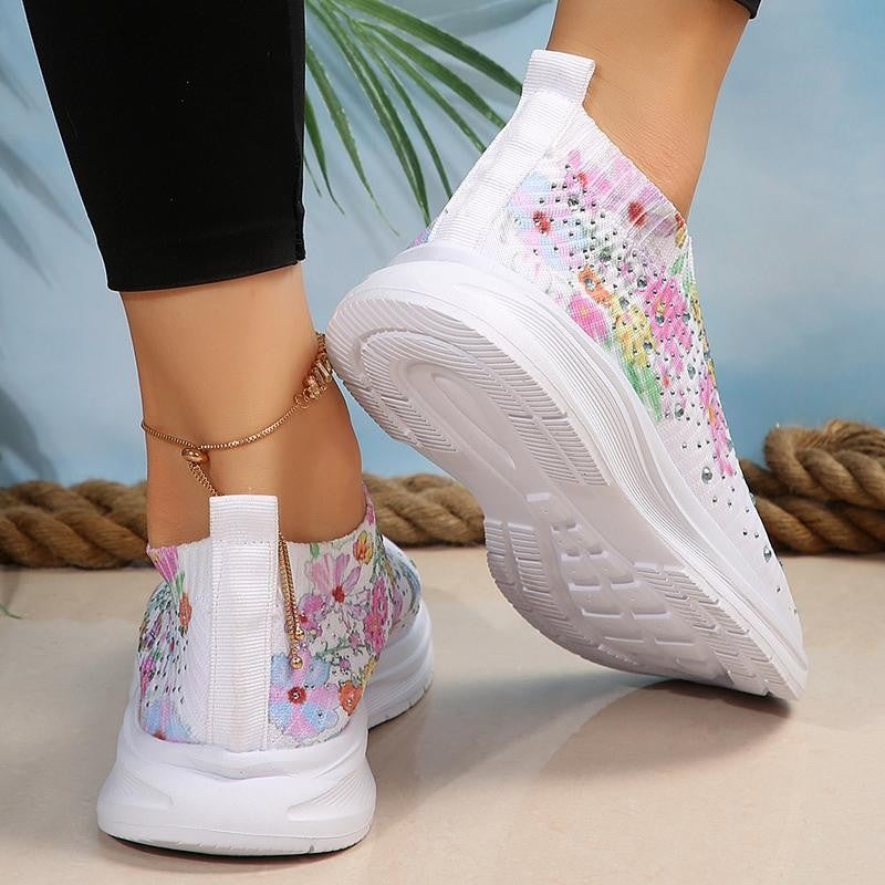 Floral Crystal Decor Slip On Sneakers Women Plus Size 35-43 Breathable Mesh Sports Shoes Woman Comfortable Soft Sole Flats Shoes