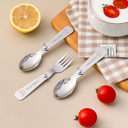 WORTHBUY 3Pcs/Set Portable Foldable Dinnerware Set 304 Stainless Steel Folding Fork Spoon With Cutlery Box Cute Picnic Tableware