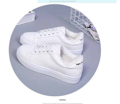 Tênis Feminino de Inverno, Quente, Pelúcia, Sola Vulcanizada, Plataforma, Algodão, Cadarço, Branco, Com Pelúcia, Casual