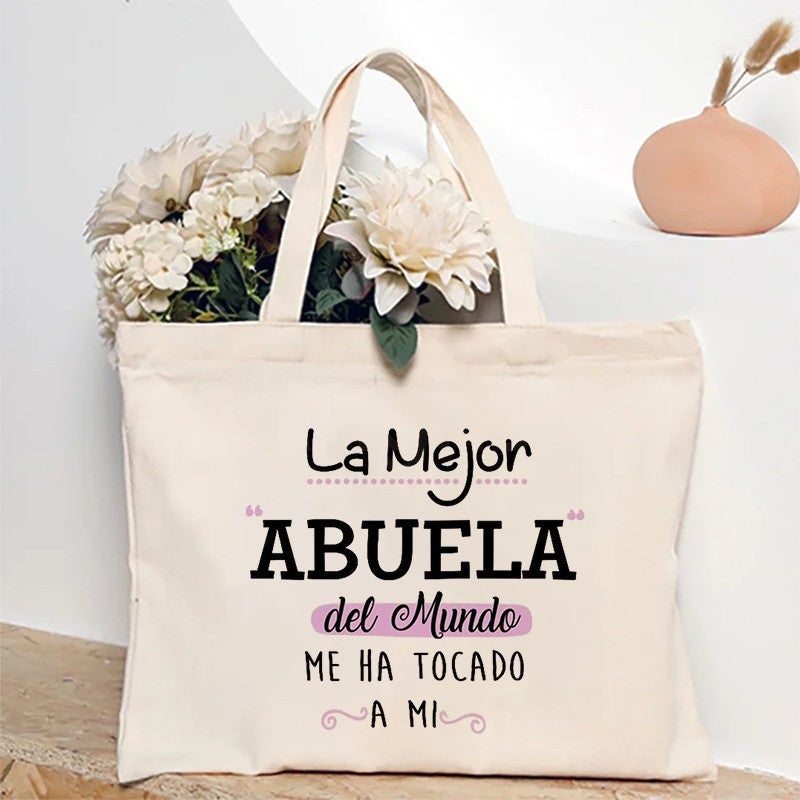 Spanish Abuela Quote Tote Bag Vibrant Shoulder Handbag with Heart Ribbon Design Perfect for Mother’s Day & Grandma Appreciation