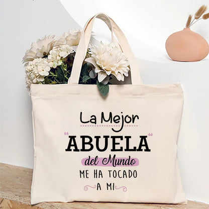 Spanish Abuela Quote Tote Bag Vibrant Shoulder Handbag with Heart Ribbon Design Perfect for Mother’s Day & Grandma Appreciation