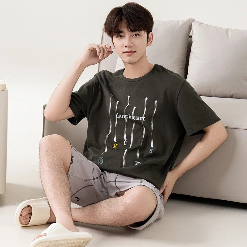Cotton Summer Thin Men's Pajamas Set Plus Size Short Sleep Tops Pant Sleepwear Suit Male Home Suit Homewear Casual Pyjamas