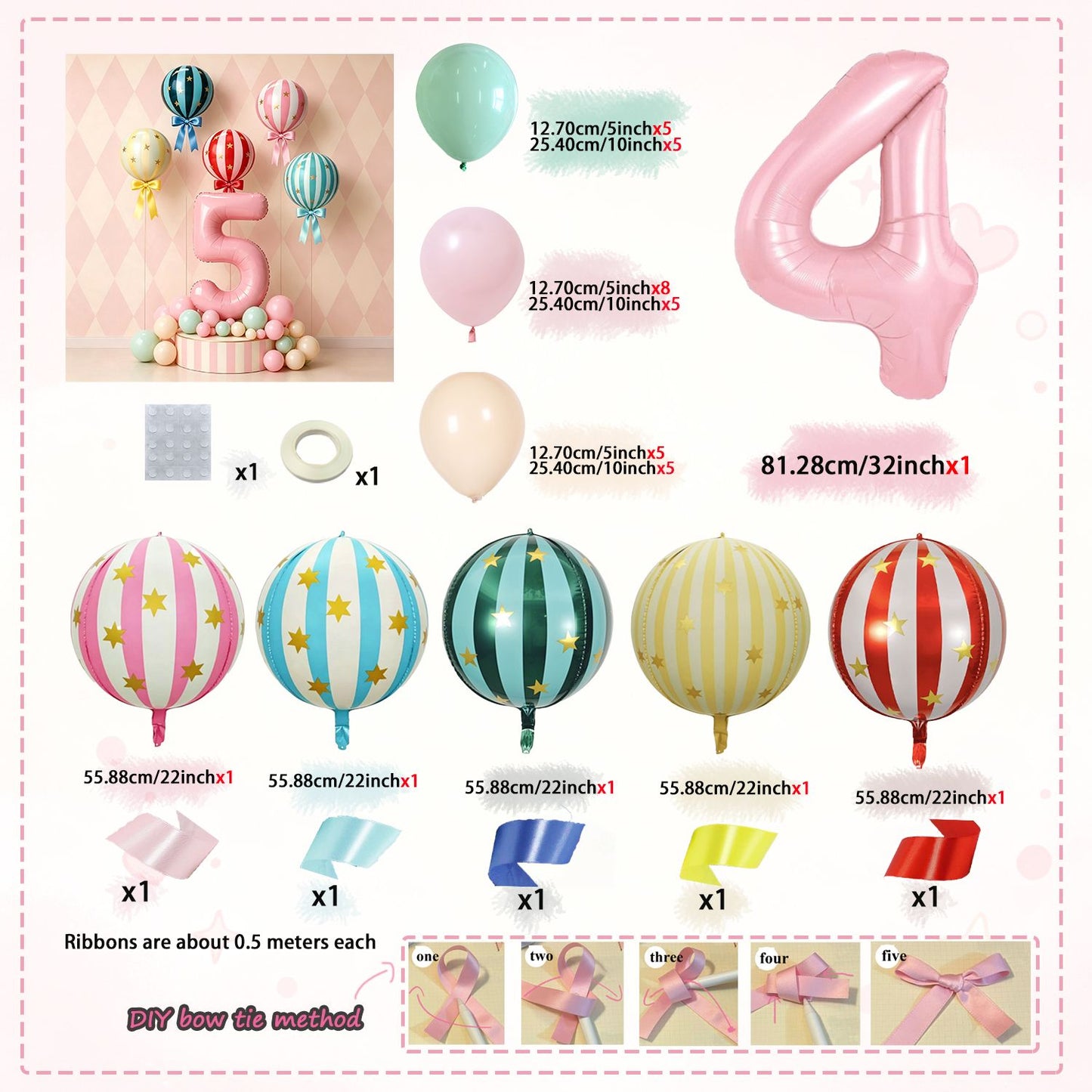 Pink 32 inch Digital 4D Striped Star Foil balloon Set, Ribbon Suitable for Birthday Parties, Showers, Anniversaries, Christmas