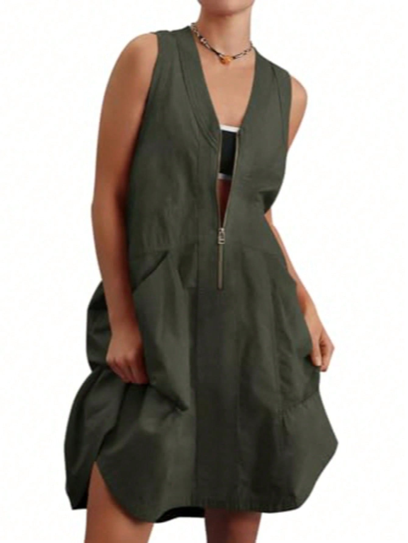 Fisoew Women's Sleeveless Mini Dress Half Zip V Neck Casual Mesh Back Summer Dress with Pockets sexy dress