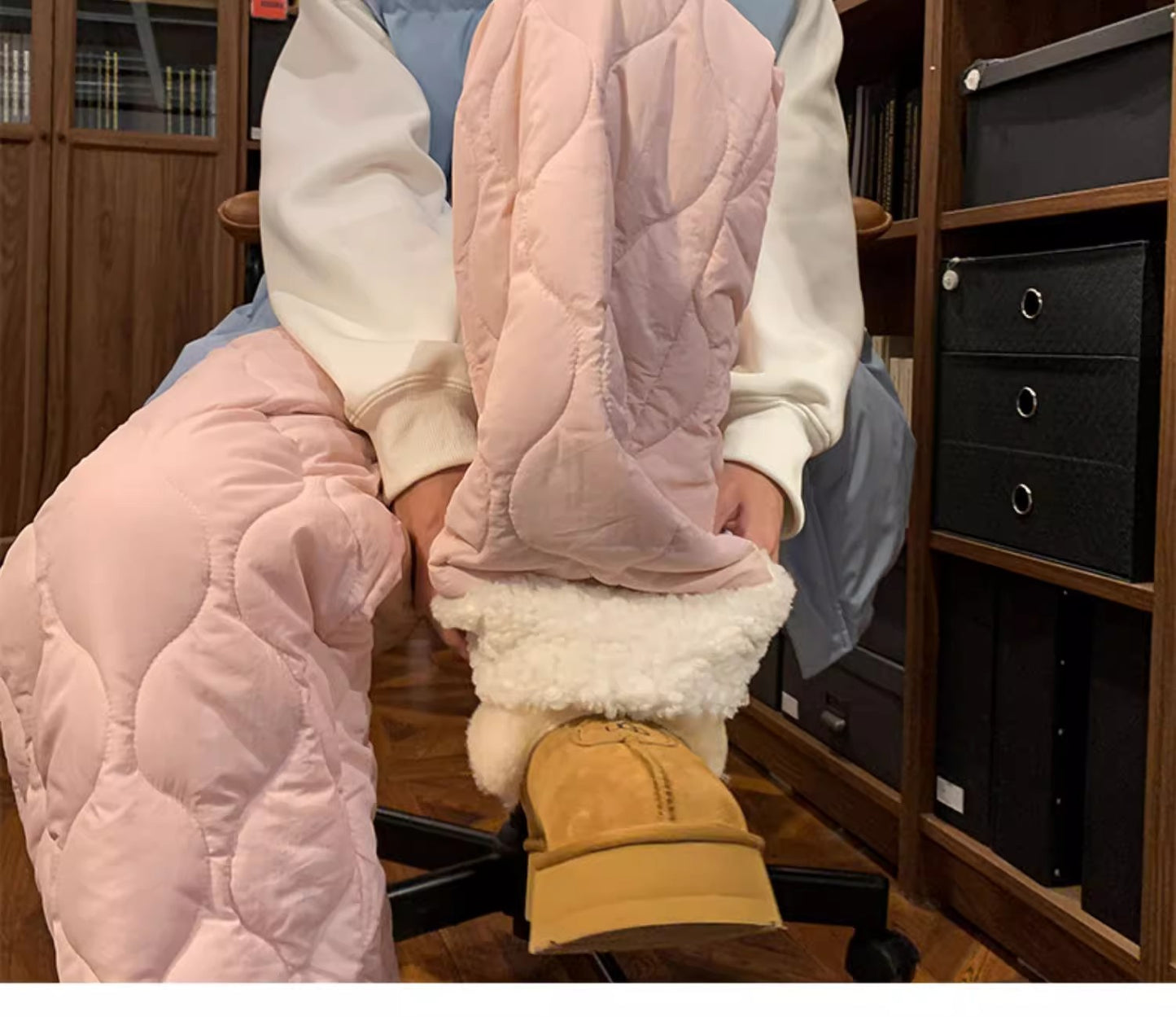 Heavy Winter Cotton Waterproof Splicing Lamb Fleece Cotton Pants for Men and Women, Solid Color Diamond Grid Embroidered Clip Co