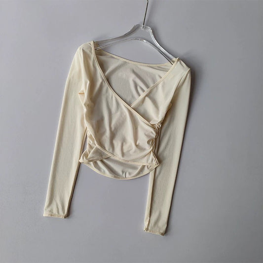 Quick Drying Yoga Sports Top V-Neck Cross Waist Mesh Breathable Fitness Long Sleeve Cover up for Women