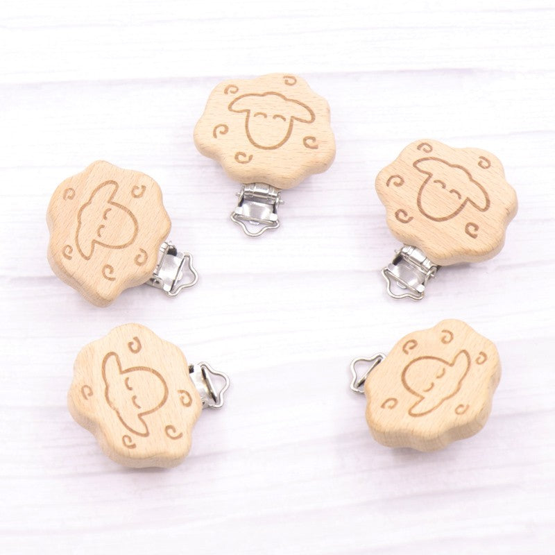 5pcs 30mm Laser Patern Metal Steel Round Beech Wood Clips Baby Teethers Toys Pacifier Chain Holder Making