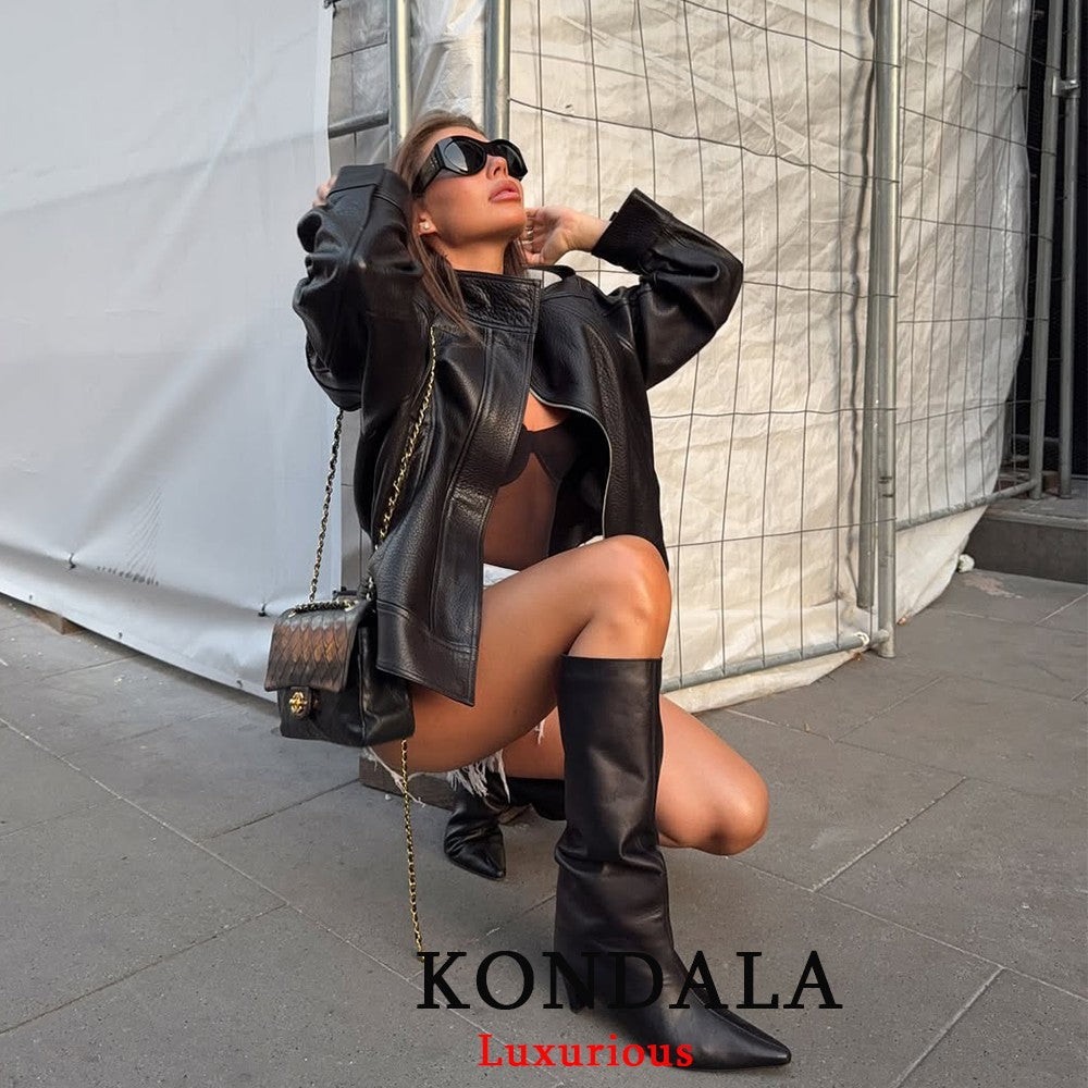 KONDALA Casual Chic Black Leather Jackets Women Long Sleeve Buttons Elastic Oversized Coats Fashion 2025 Fall Streetwear Coats