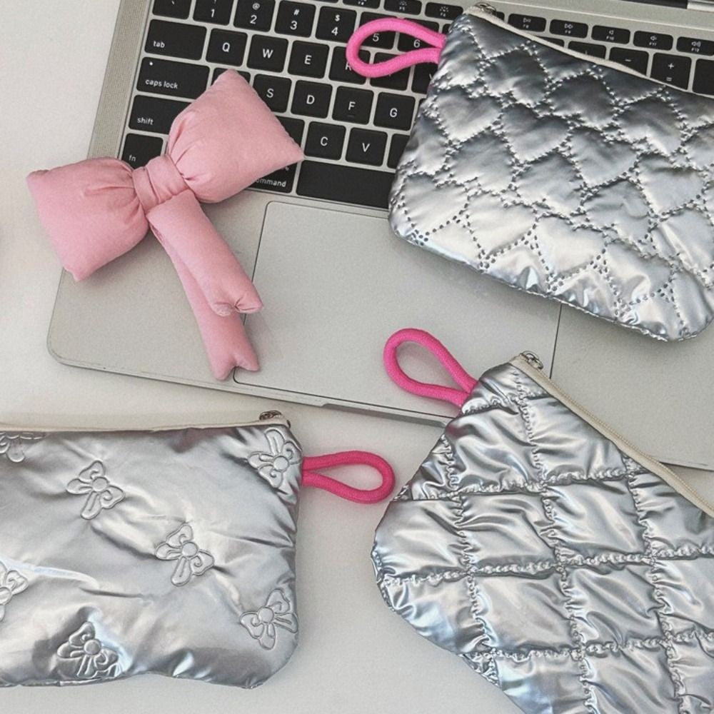 INS Style Silver Sanitary Mat Bag Zipper Button Change Purse Coins Keys Wallet Love Bow Credit Card Holder Cosmetics Napkin