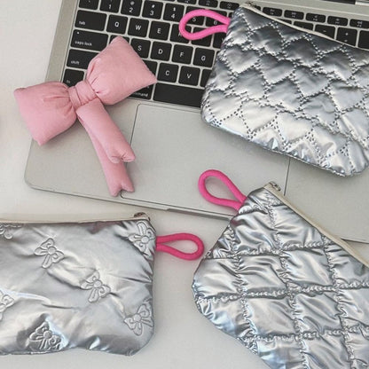 INS Style Silver Sanitary Mat Bag Zipper Button Change Purse Coins Keys Wallet Love Bow Credit Card Holder Cosmetics Napkin