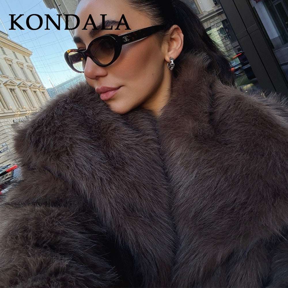 KONDALA 2025 Fall Winter Casual Faux Fur Brown Women Warm Jackets Streetwear Turn Down Collar Christmas Oversized Elegant Coats