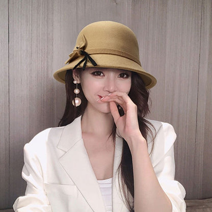 2022 Outono Inverno Fedoras Chapéu Feminino Elegante Vintage Laço Lã Chapéu Feminino Cúpula Feltro Casamento Igreja Boné Jazz Feminino Laço Cartola