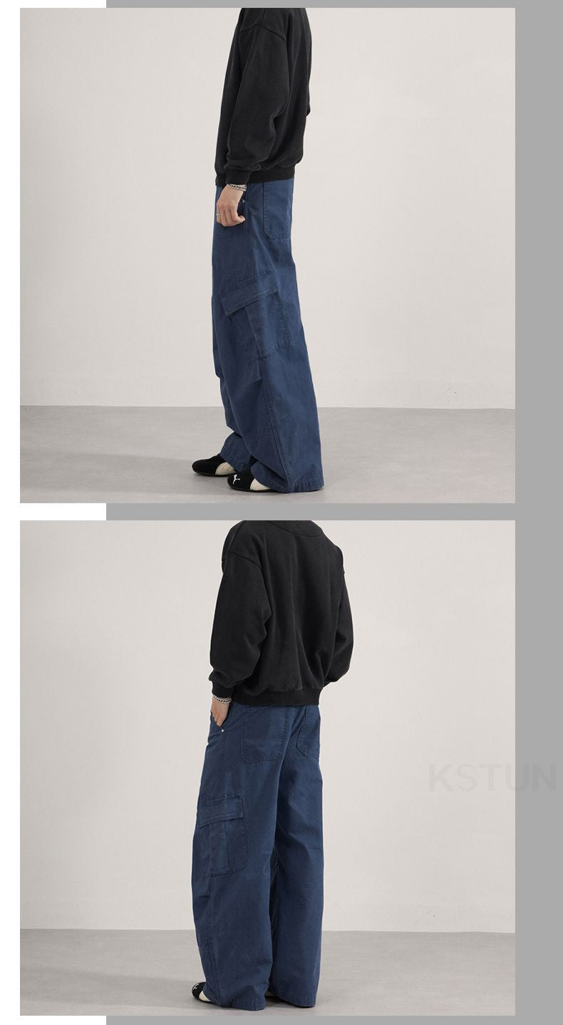 KSTUN 2025 Men Washed Vintage Cargo Pants 100% Cotton Loose Fit Oversize Multi-Pockets Trousers Blue Male Casual Scimitar Pants