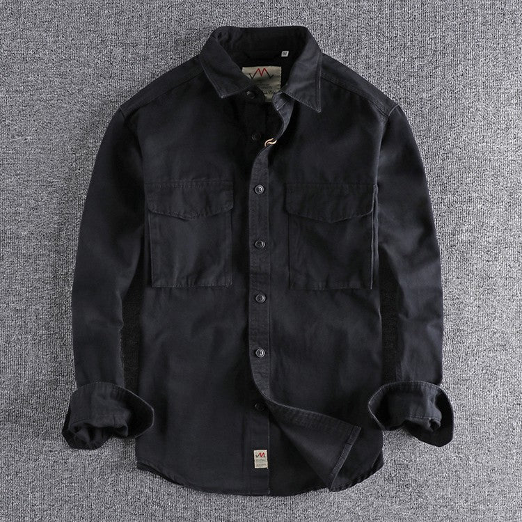 Spring New Japanese Retro Long-Sleeve Lapel Woven Cargo Shirt Men's Simple 100% Cotton Washed Double Pocket Casual Youth Blouses