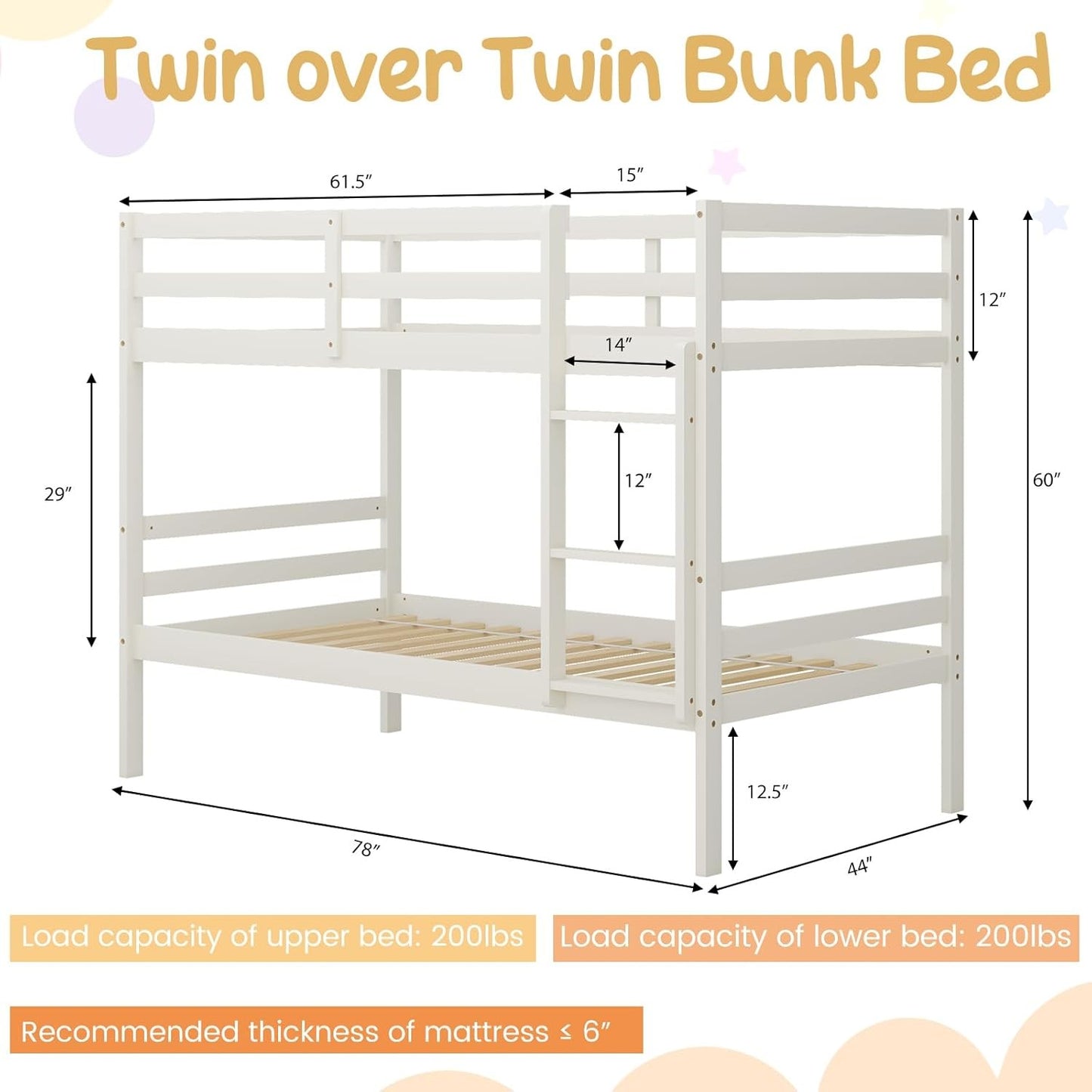 Beliche de Madeira Maciça Branca Twin Over Twin com Escada Resistente e Grades de Proteção de 12 Polegadas, Cama de Madeira Tamanho Twin F