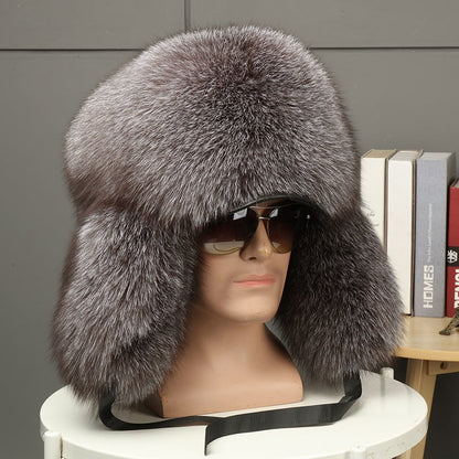 Real Fur 100% Fox Skin Russian Businessmen Pilot Bombers Full Mao Men's hat Ushanka Winter Ear Guard Hat Raccoon Fur Beanie hat
