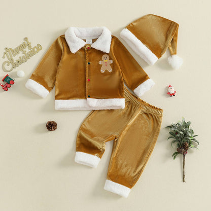 Christmas Infant Baby Girl Boy Velvet Clothes Toddler Long Sleeve Lapel Button Down Tops Elastic Waist Pants Santa Costume Set