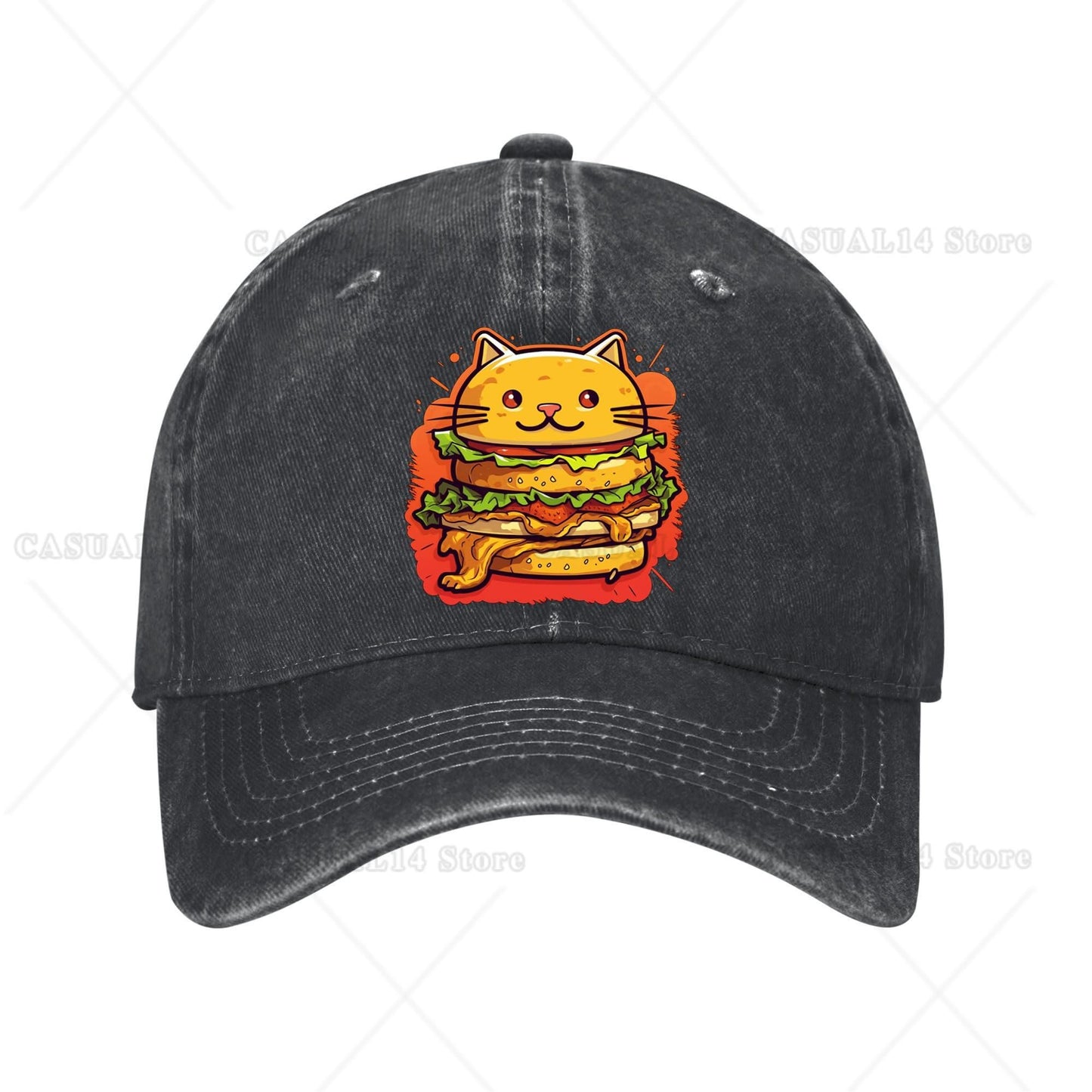 Cat Cheeseburger Vintage Washed Cotton Baseball Caps Men Women Adjustable Unstructured Dad Hat