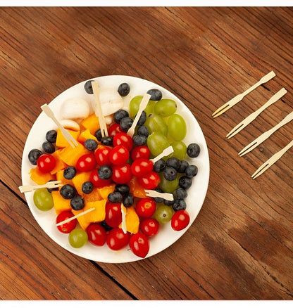 100 unidades de garfo de frutas de bambu descartável de madeira, palito de dente de frutas, conjunto de garfos de sobremesa, utensílios de mesa para festas em casa, garfos descartáveis SGC02
