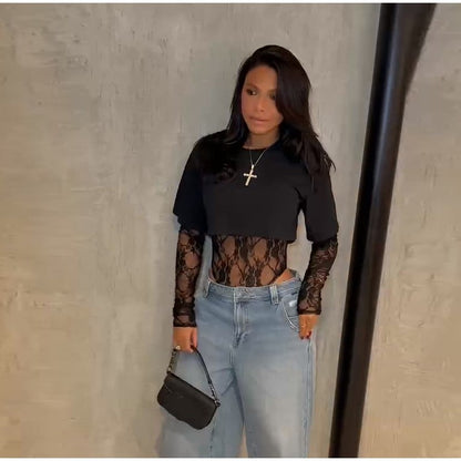 Women Crop Top Sheer Lace Bodysuit Short-Sleeve Layered 2025 Fashion Summer Sexy Outfit Trendy Party Chic Edgy Hot Lady Vestido