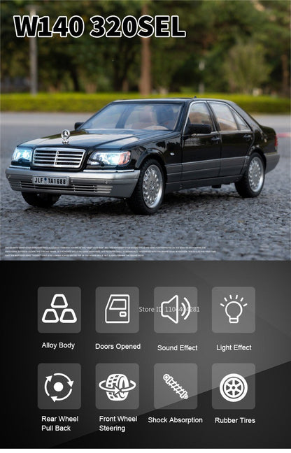1:24 W140 300SL Toys Alloy Miniature Car Diecast Model Doors Opened Sound Light Pull Abck Rubber Tires Vehice Kid Christmas Gift