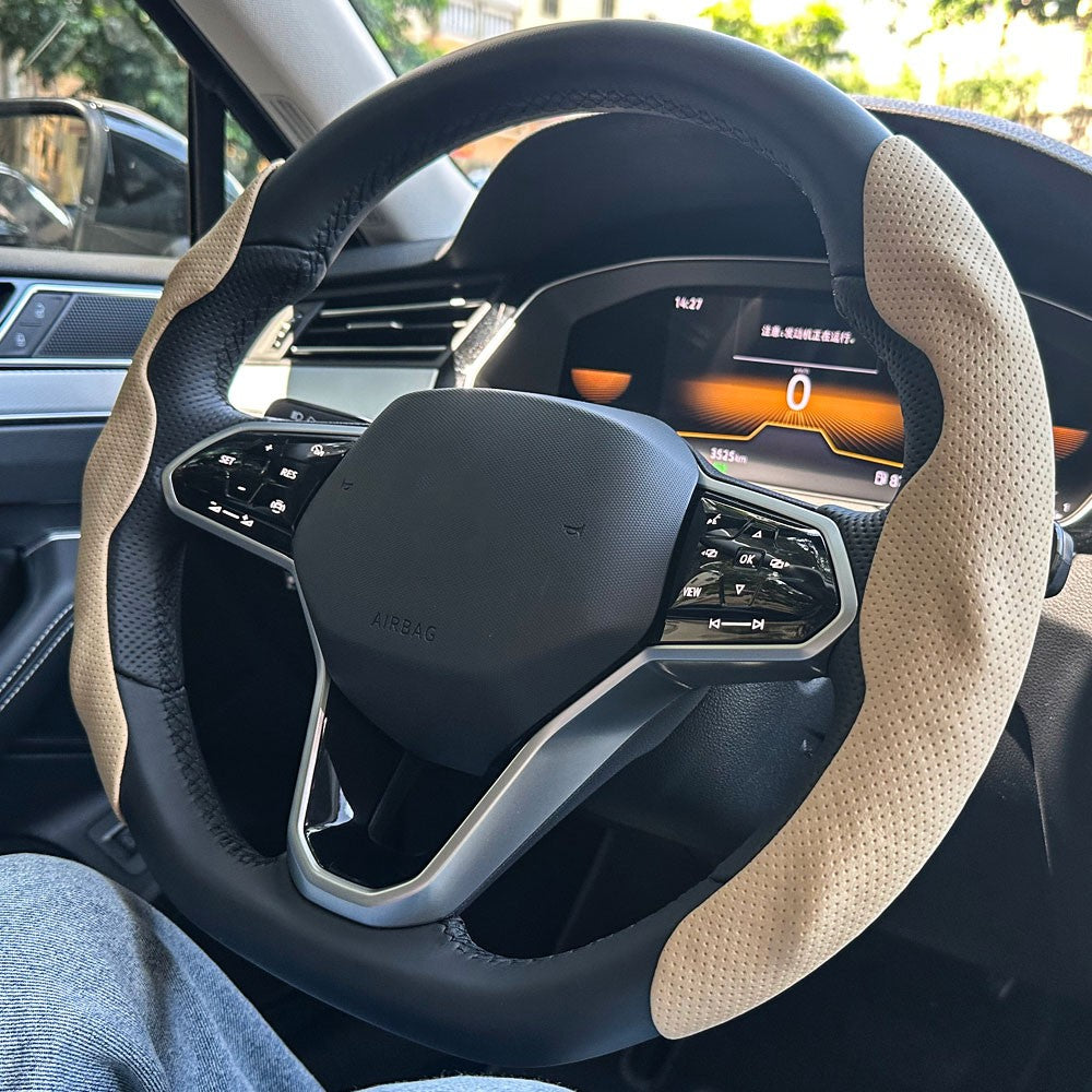 Capa de Volante Redondo em forma de D Universal para Carro Furo de ventilação Couro Absorve suor Antiderrapante Acessórios de Decoração 15 polegadas