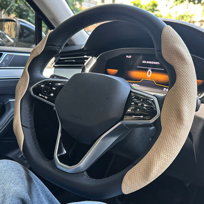 Capa de Volante Redondo em forma de D Universal para Carro Furo de ventilação Couro Absorve suor Antiderrapante Acessórios de Decoração 15 polegadas