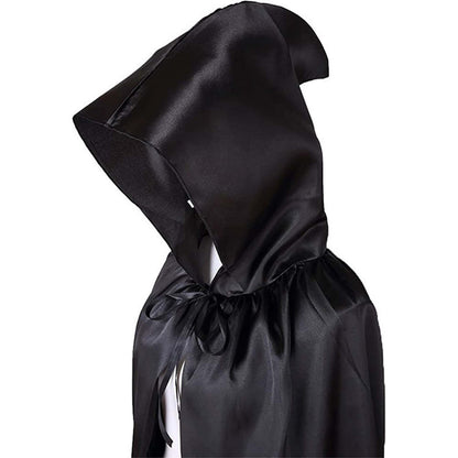 1 Piece of Halloween Cape with 3 Sizes Available. It is a black Grim Reaper cloak made of satin, featuring a stand-up collar