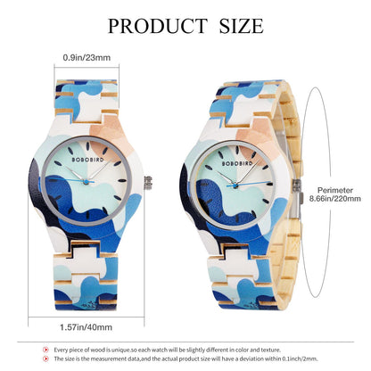 BOBOBIRD Women's Wooden Wristwatch Artistic Ladies Bamboo Quartz Watches Unique Illustration Eco-Friendly Timepieces for Women