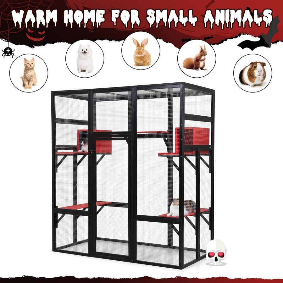 Gaiola Externa Grande de Madeira para Gatos com 180cm, Poleiros e Condomínios, Casa para Gatos Interna com Teto Impermeável, Abrigo para Gatos com Recurso