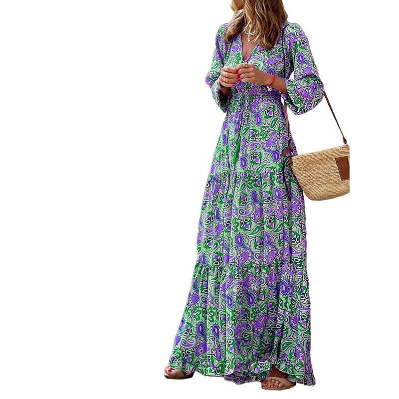Women's Autumn New Fashionable Printed Sexy V-neck Long Sleeve High Waist Elasti