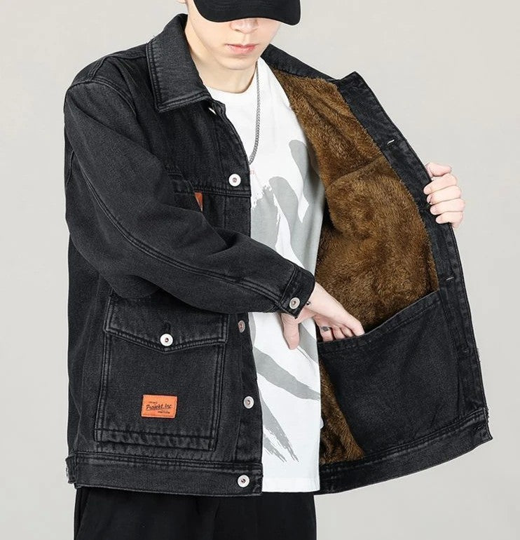 Jeans Coat for Men Padded Wool Denim Jackets Man with Sheep Wide Sleeves Black Warm Padding Original Cowboy New in Big Size G L