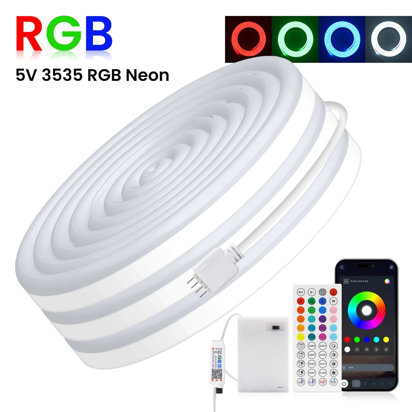 DC5V RGB LED Neon Light AA Battery Powered Bluetooth LED Strip SMD2835 IP65Waterproof Rating 108Leds/m With a remote control