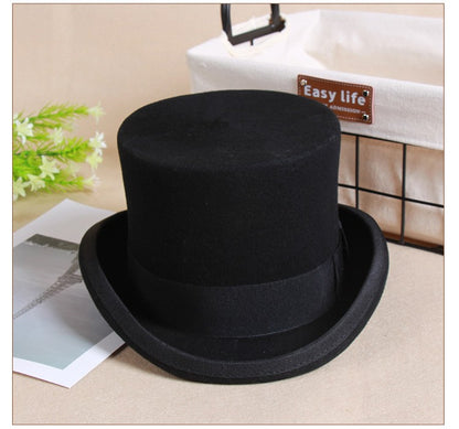 2024 Wool Flat Man Top Hat Fashion Fedora Hats Versatile Panama Magician Cap Gentleman Cylinder Strap Steampunk Unisex Elegant