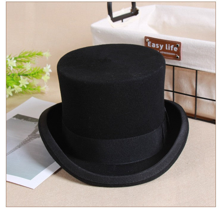 Wool Flat Man Top Hat Fashion Fedora Hats Versatile Panama Magician Cap Gentleman Cylinder Strap Steampunk Unisex Elegant