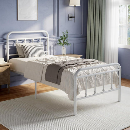 Estrutura de Cama de Metal Tamanho Solteiro – Estilo Vitoriano Moderno Minimalista com Cabeceira/Peseira, Estrados de Aço Resistentes/Embaixo da Cama