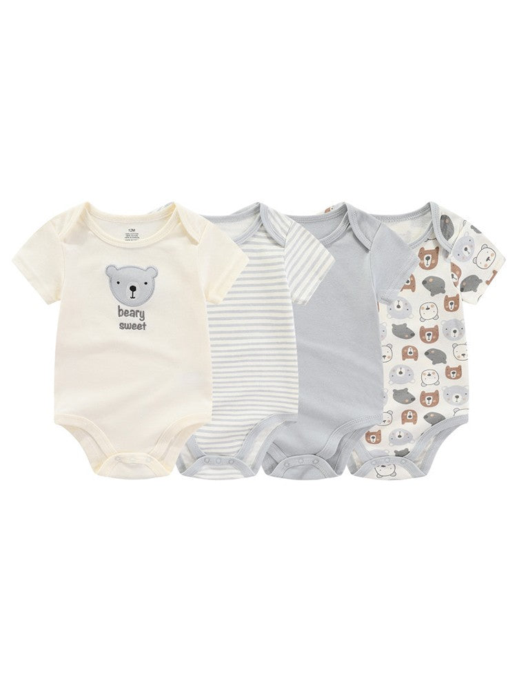 Kiddiezoom 4pcs Fashion Short Sleeve Cartoon Baby Boy Girl Bodysuit 100% Cotton Newborn Boy Girl Onesies Clothes