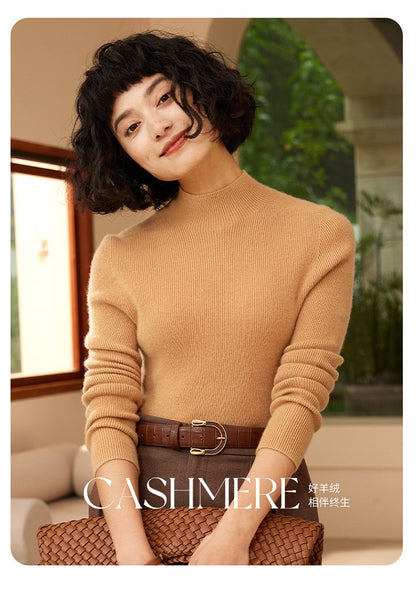 Autumn and winter new women's 100% pure cashmere semi high neck pullover sweater knitted slim fit hot selling women's top