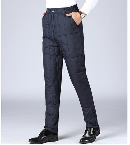 Inverno Masculino Calça de Pato Branco Cintura Alta Engrossada Quente Corta-Vento Térmica Calças para Homem de Meia-Idade PT-593