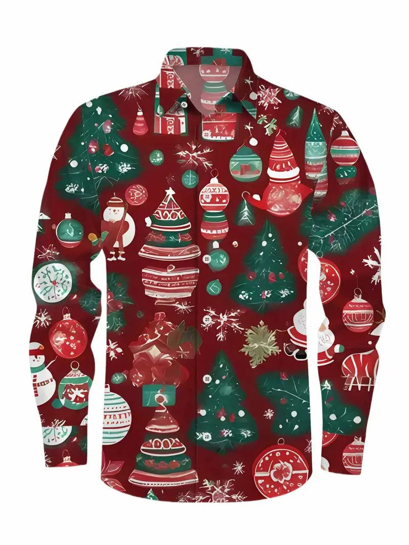 Christmas Men's 3D Printed Formal Shirt Santa Claus Elk Pattern Long Sleeve Shirt Fashion Men's Shirt