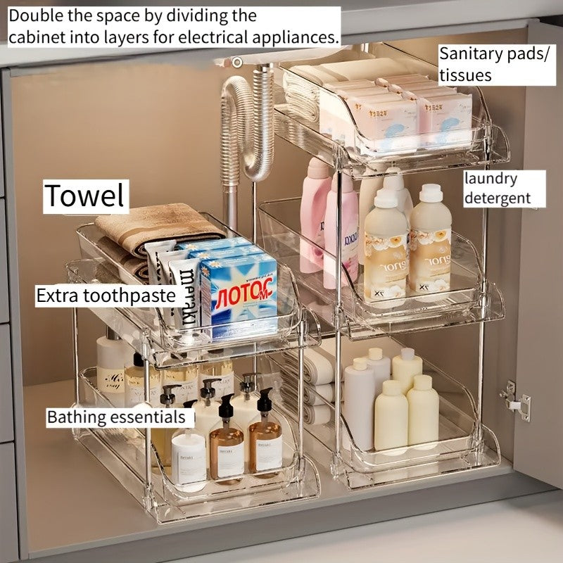 Pull-Out Under Sink Organizer with Shelf, Heavy-Duty Bathroom Storage Rack  No Tools Needed for Easy Installation, Clear Shelves
