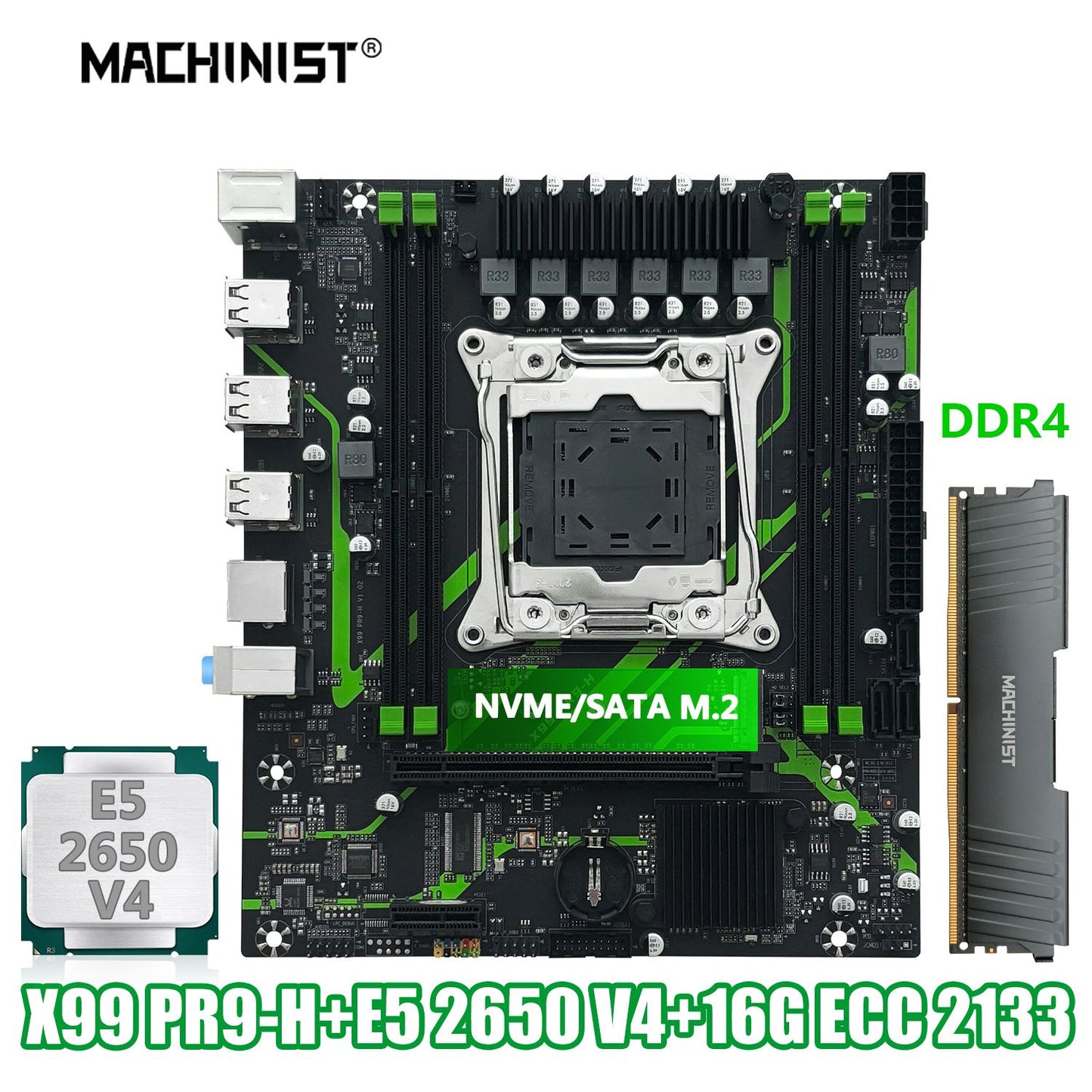 Placa-mãe MACHINIST X99 PR9-H Kit Com CPU Xeon E5 2650 V4 LGA2011-3 Memória RAM DDR4 16GB (1*16GB) 2133MHZ NVME M.2 SATA