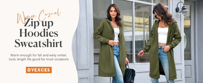 Fisoew lined Winter Coat Women Zip Up Hoodie Warm Long Tunic Sweatshirt With Pockets Outdoor Streetwear Jacket