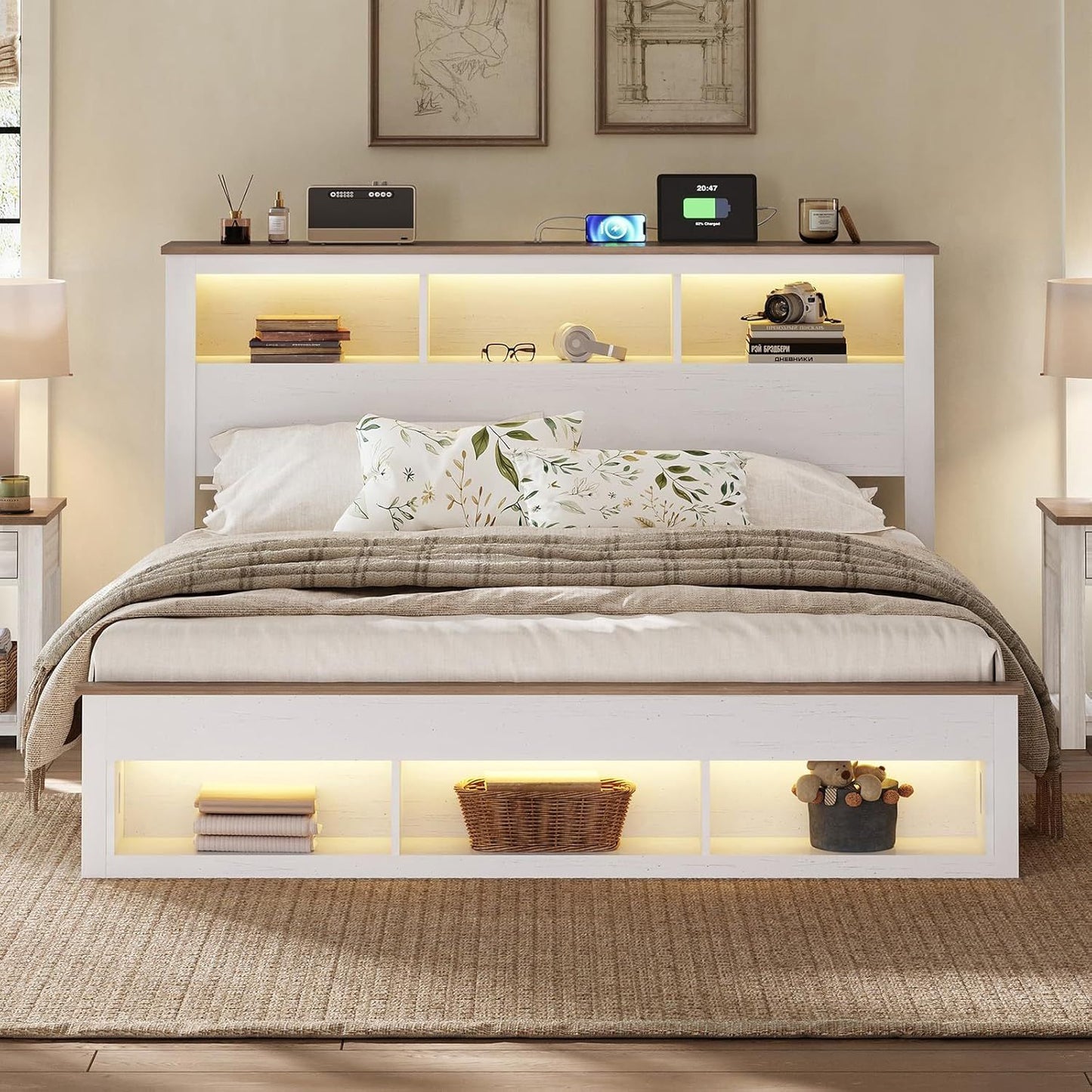 Estrutura de Cama Queen Size de Fazenda com Cabeceira e Peseira de Estante com Armazenamento, Estrutura de Cama Plataforma de Madeira com Armazenamento e Madeira