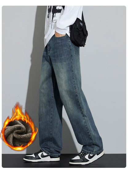 Winter Fleece Men's Warm Jeans Loose Wide Leg Thickened Thermal Retro Denim Pants Fashion Straight Streetwear Plush Trousers